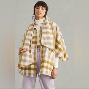 NWT By Anthropologie Matilda Draped Cape Poncho One Size Lilac Tan Plaid NEW